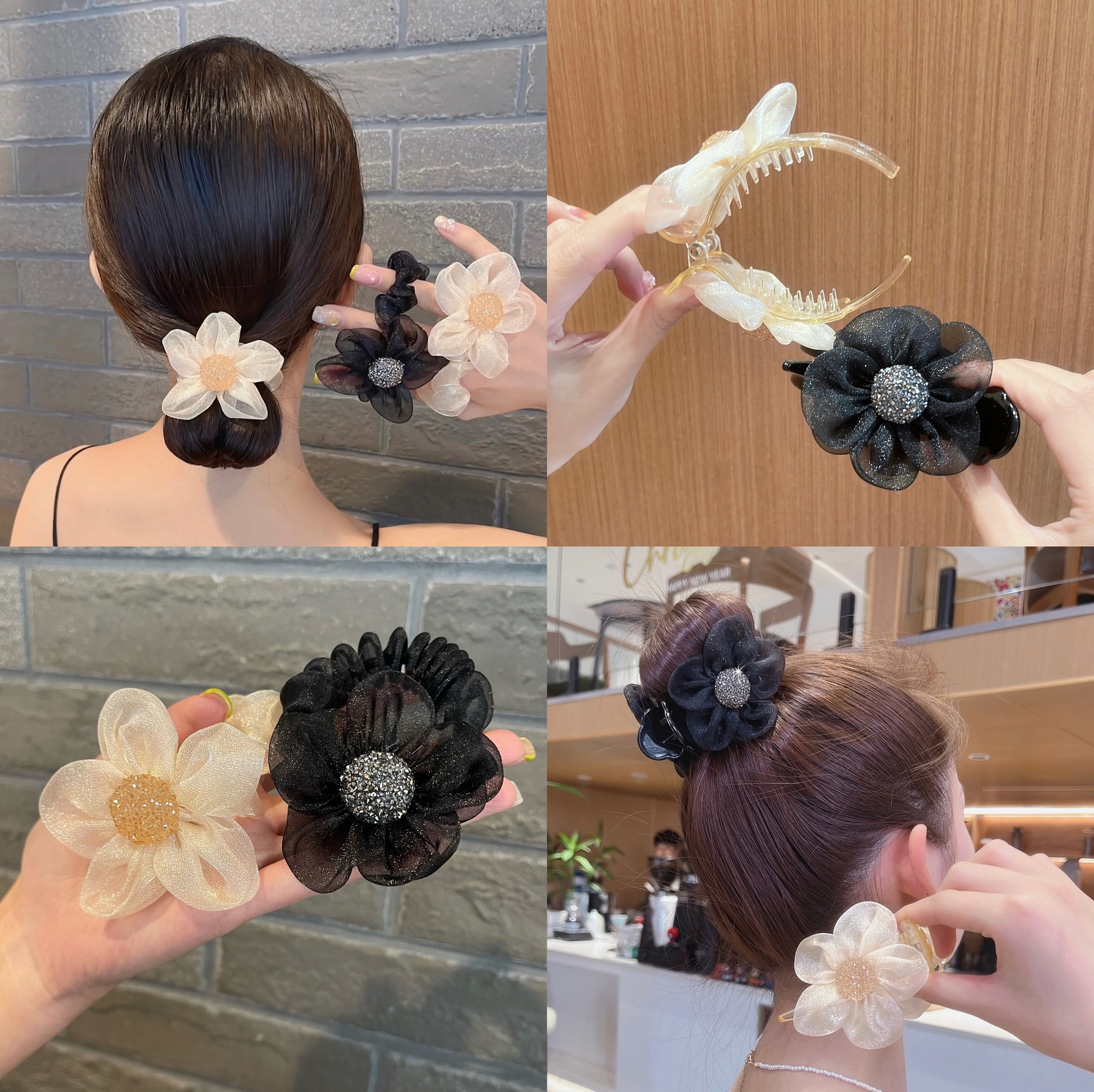Light luxury mesh sunflower hair tie, flower clipper, ponytail bun, mesh hair accessory, updo, hairpin, women's hairpin