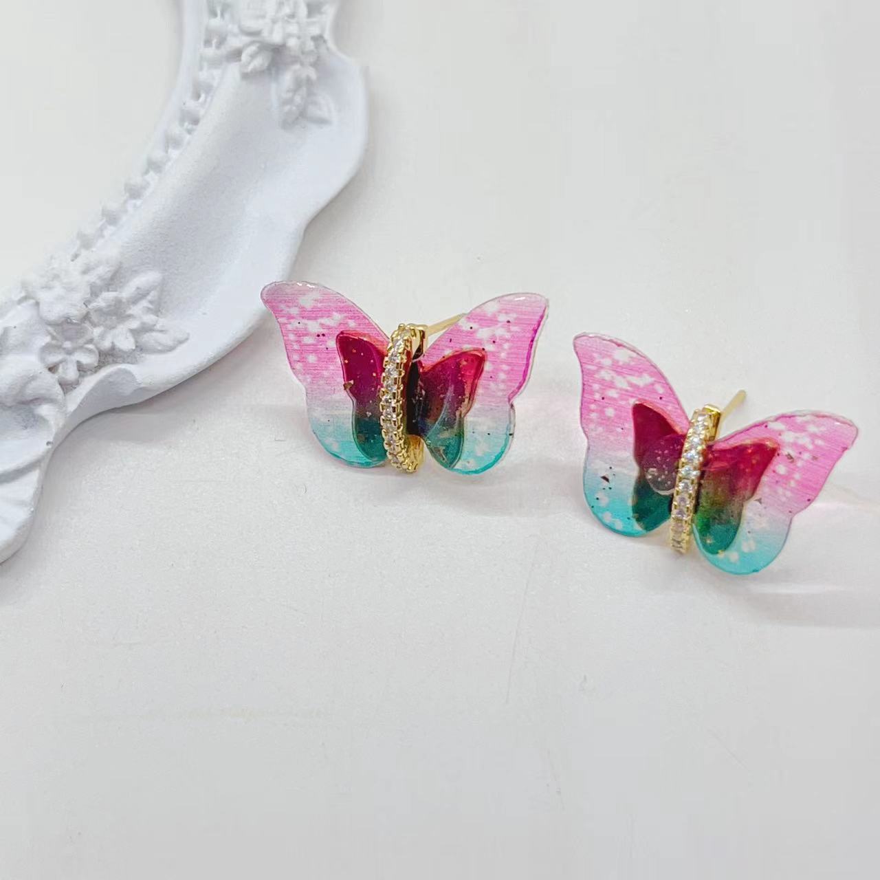 European and American copper-plated real gold butterfly cross-border colorful simulation butterfly necklace ear stud two-piece assembly Specification image