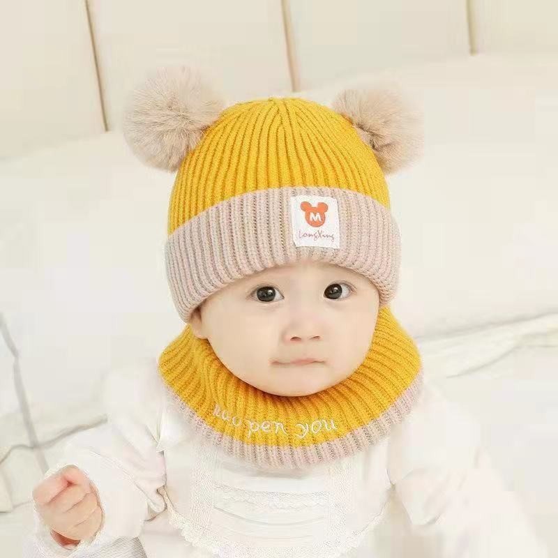 Baby Boys And Girls Baby Hats Autumn And Winter Cute Ball Ball With Wool Thickened Windproof Ear Protection Children's Hat Neck Knitted Hat Specification drawing
