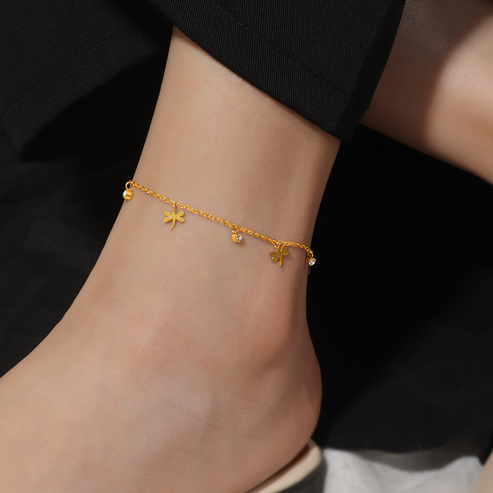 European and American Amazon dragonfly short tassel zircon pendant anklets, stainless steel ankle chains, fashionable and trendy women's accessories