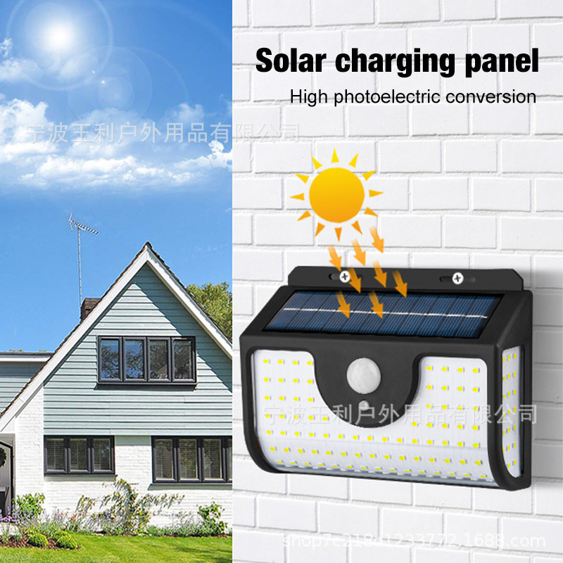 Transfronterizo actual 134LED luz solar luz de pared de tres lados cielo negro auto brillante sensor solar para el hogar luz de patio