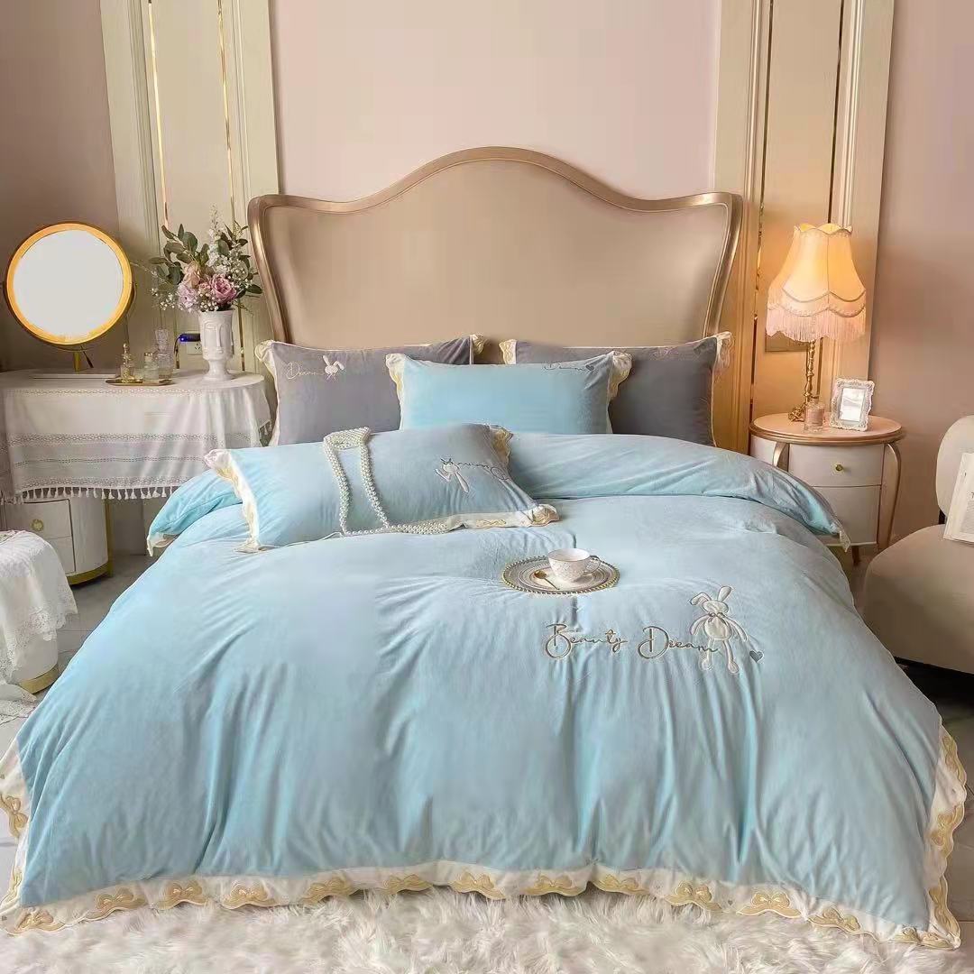 Factory Direct Baby Cashmere Embroidery Four-Piece Set Thickened Warm High Weight Baby Cashmere Edge Bed Linen Sheets