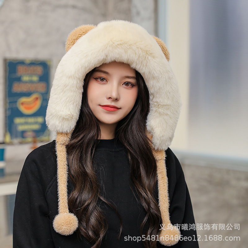 Winter Warm Cute Bear Ears Plush Hat Female Thickened Outdoor Cycling Winter Ski Hat Manufacturers Direct Sales