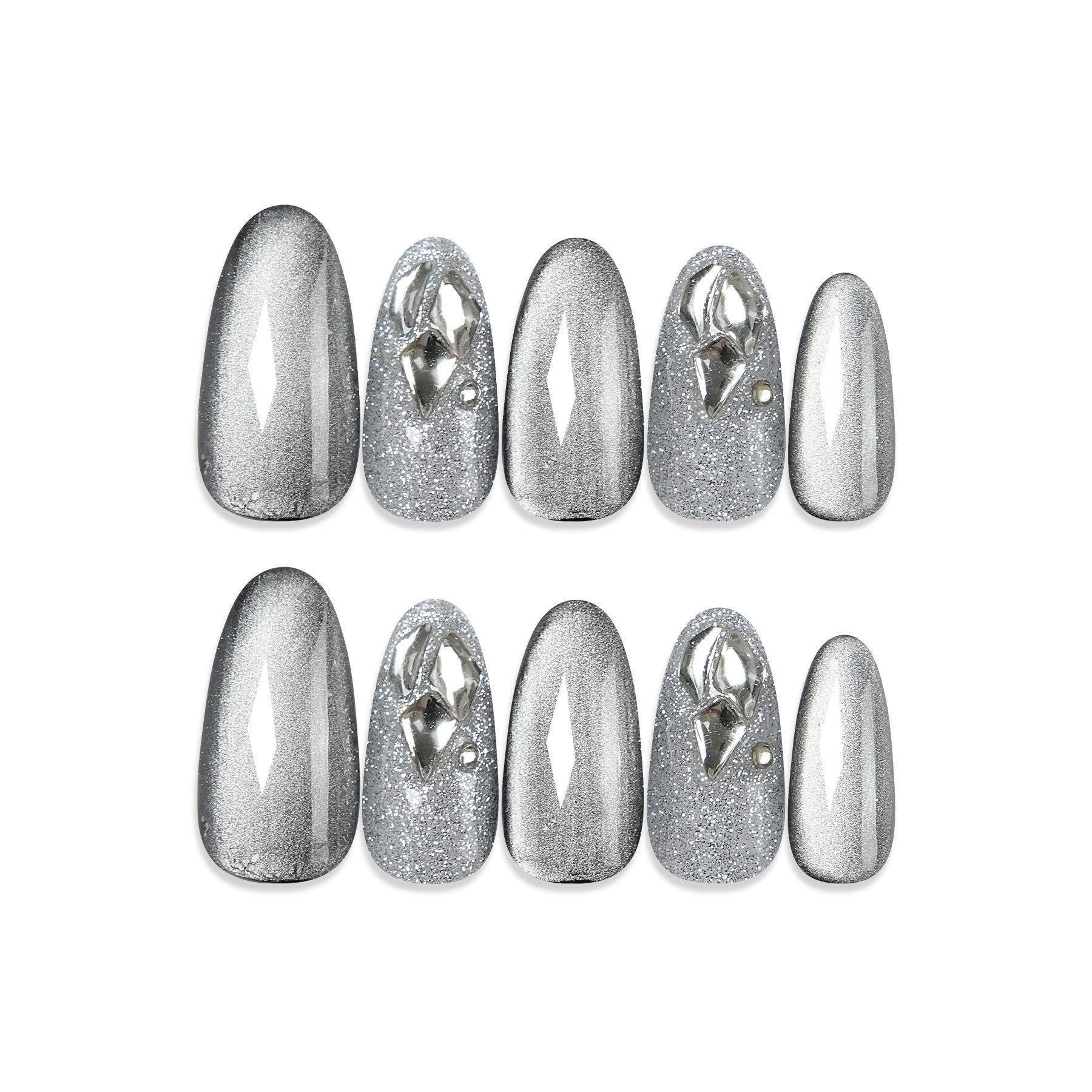 Pure Handmade Nail Wear Nail Long Oval Cat Eye Nail Patch Silver Gray Gift Kit Plastic Box Packaging Application Scenario