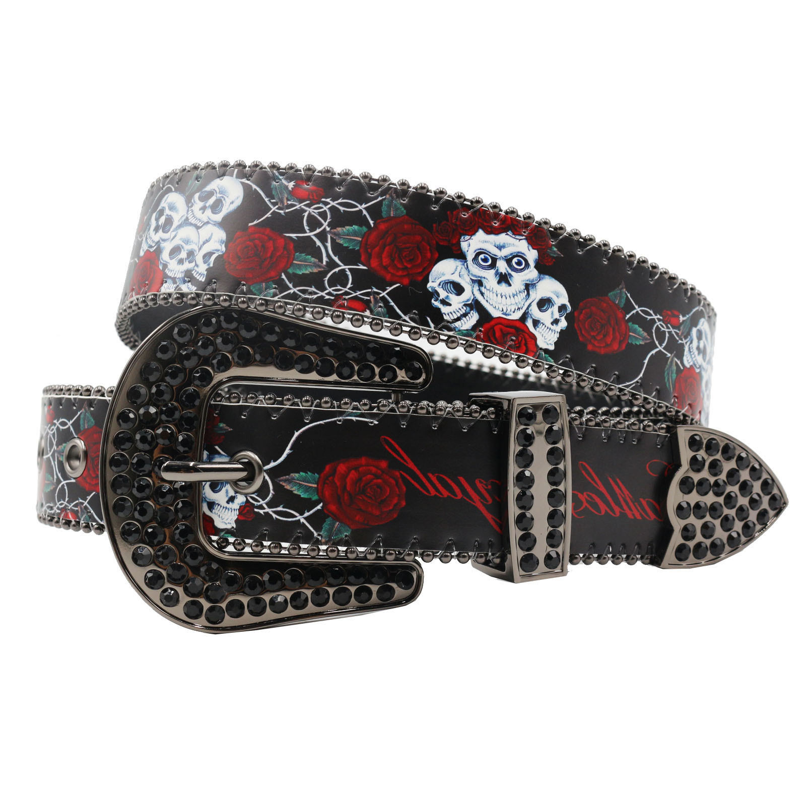 Gothic Skull Rhinestone printed belt Original design PU leather belt with hip hop punk personality