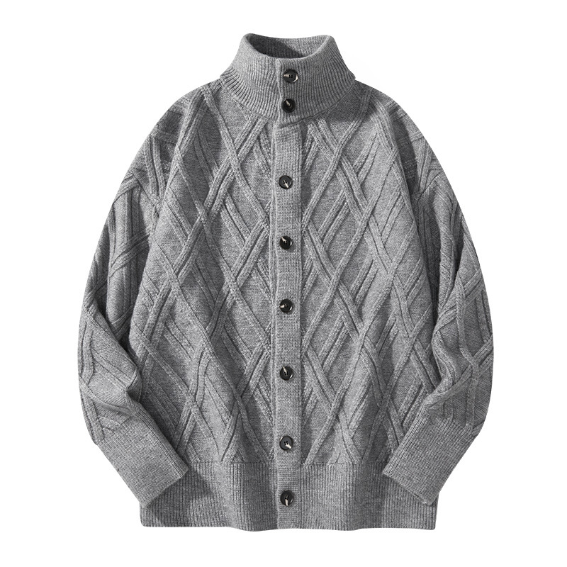 2022秋冬男士新款针织衫几何图案提花立领开衫时尚休闲毛衣外套