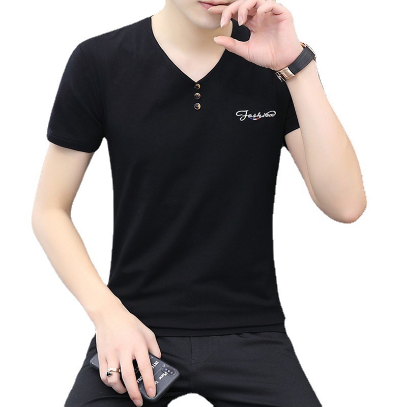 Short-sleeved men's 2023 summer new ice silk embroidered V-neck slimming casual quick-drying T-shirt Men's top wholesale Item Picture