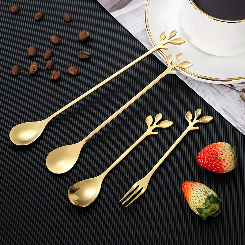 不锈钢勺子金色树叶勺水果叉伴手礼勺咖啡搅拌勺蜂蜜勺燕窝咖啡勺