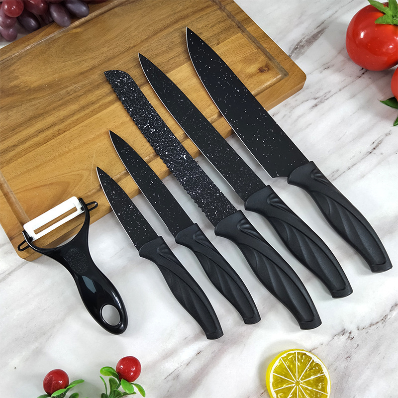 Foreign Trade Non-Stick Spray Paint Knife Tail Handle 6-Piece Knife Black Spray Point Chef Meat Cutter Bread Knife Gift Set