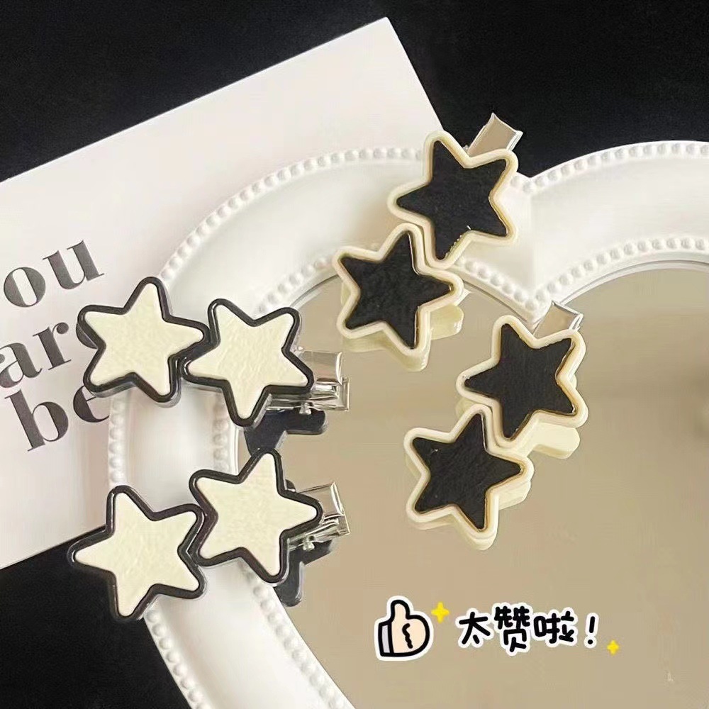 Black and white star clips, sweet and cool, girlish cartoon fringe clips by the sea, Haraju-style five-pointed star duckbeak clips headwear