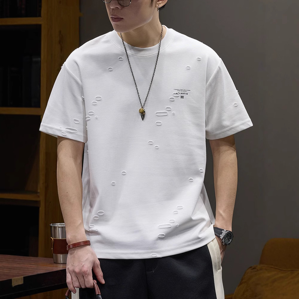 American design sense perforated short-sleeved T-shirt for men's summer 2025 new style loose half-sleeved top men's trendy T-shirt