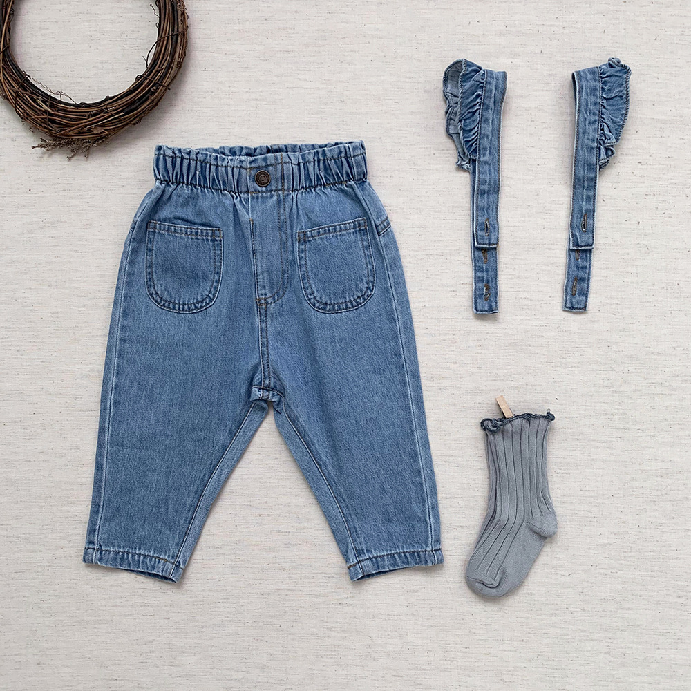 Autumn and winter cross-border baby girl cotton overalls, baby flying sleeve lotus leaf jeans, baby two-piece suspenders Item Picture