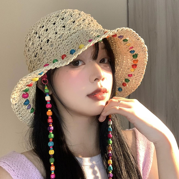 Hyuna style colorful wooden bead straw hat for women, summer hollowed-out large brim sunshade hat, foldable fisherman hat, trendy details Picture