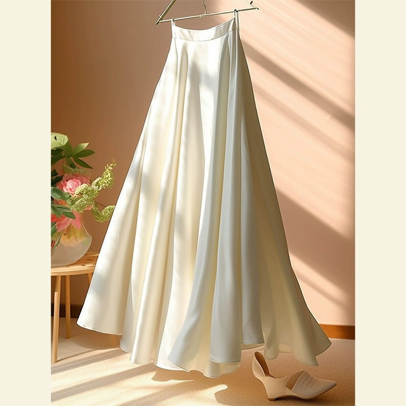 The cool white outfit features a high-waisted, slimming A-line umbrella skirt and a petite, light luxury satin skirt for women in spring Specification image