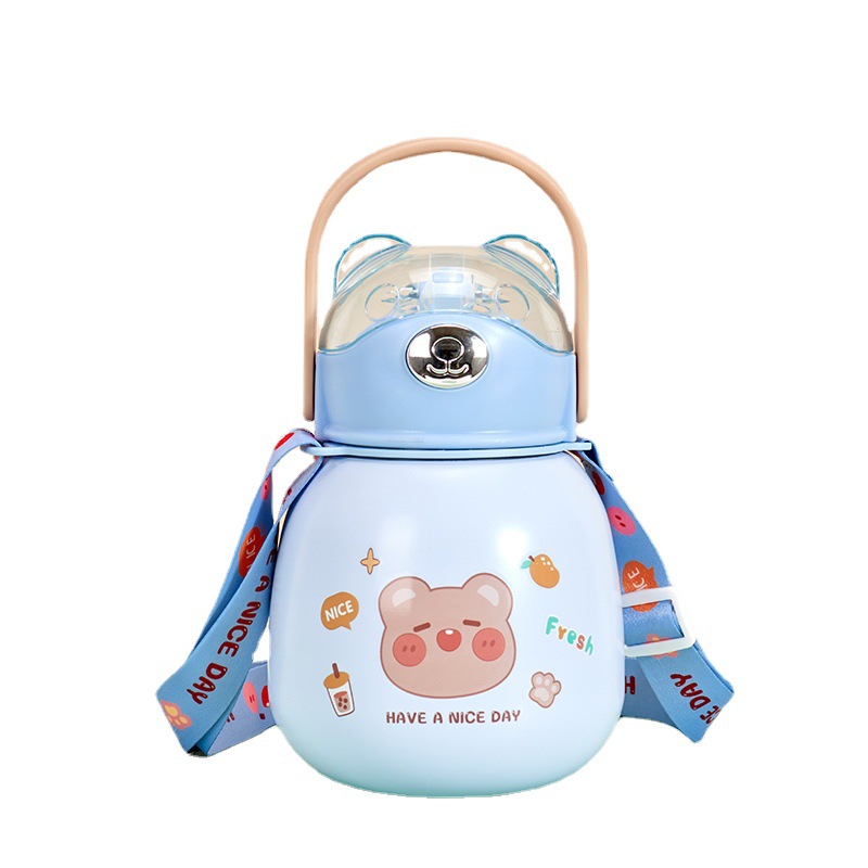 Cartoon Bear Lid 316 Stainless Steel Pot-Bellow Thermos Cup Children Student Straw Water Cup With Carrier Portable Item Picture