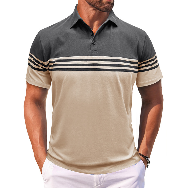 Amazon Men's summer casual men's short-sleeved striped polo shirt, cross-border European and American lapel T-shirt, color-blocked top