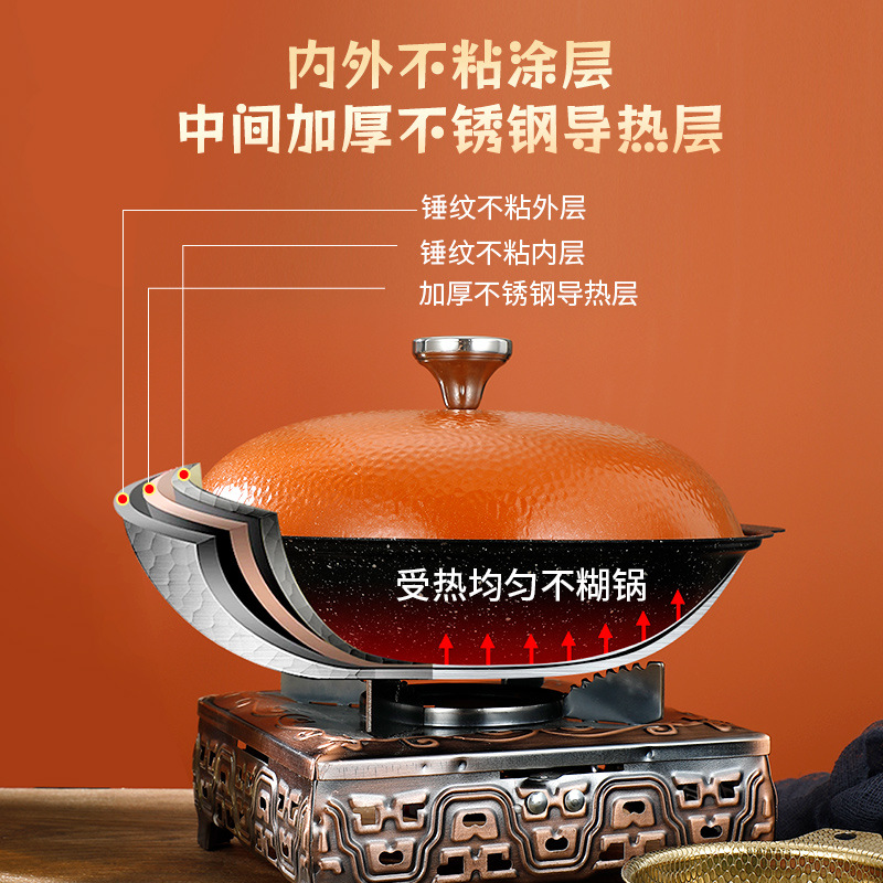 Medical Stone Black Snowflake Pot Hammer Pattern Non-Coated Non-Stick Pot With Cover Thickened Stainless Steel Thermal Conductivity Layer Specification drawing