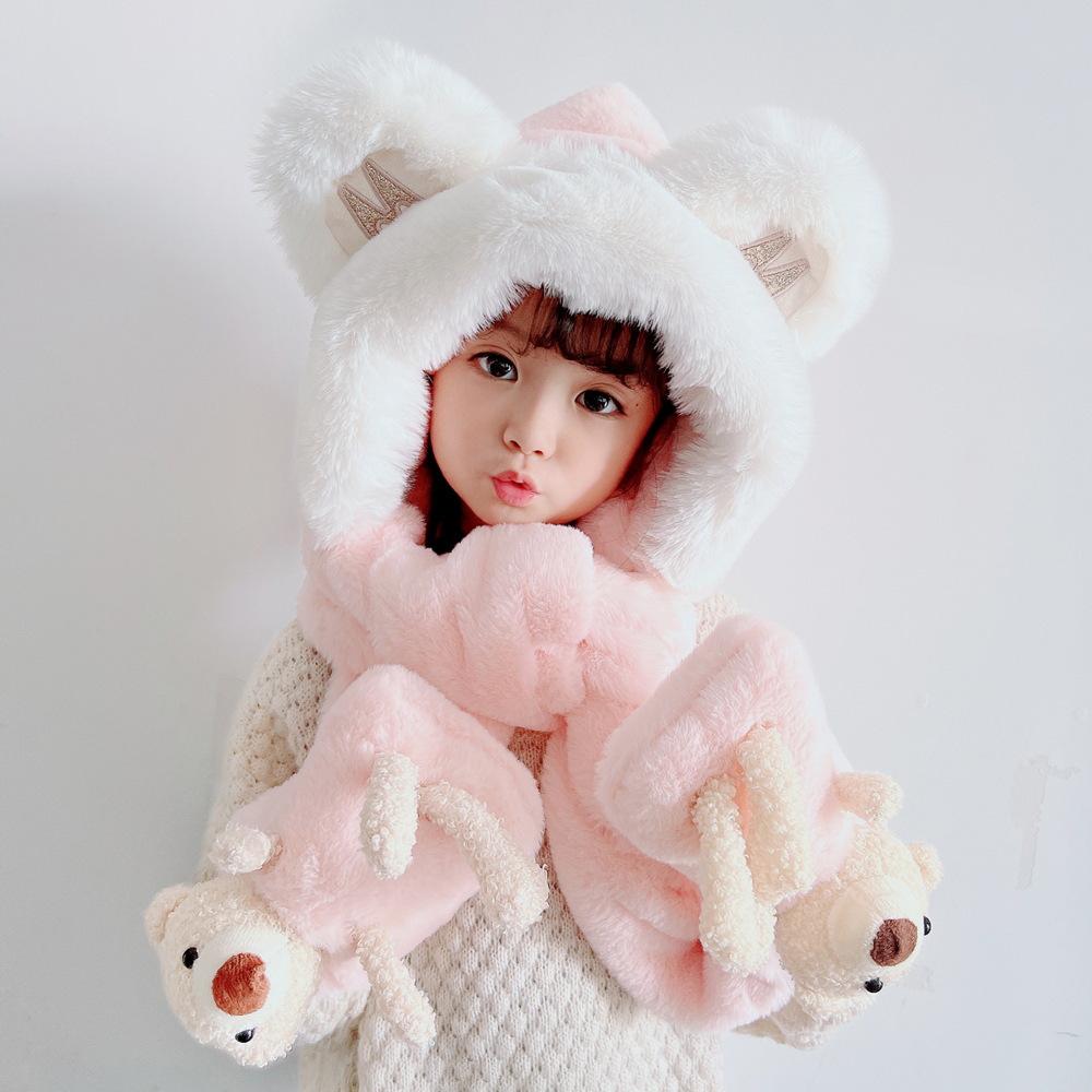Baby Hat Autumn And Winter Bear Children's Hat Scarf Gloves One Girl Cute Baby Warm Pullover Hat