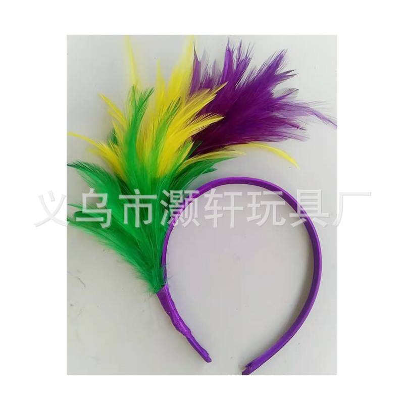 Brazil Carnival feather headband Flash feather headband tricolor purple green yellow feather hair flower silk stocking headband details Picture