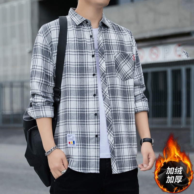 Winter men's loose checked shirts, autumn coats, long-sleeved brushed shirts for students, casual, fleece and thickened men's wear details Picture
