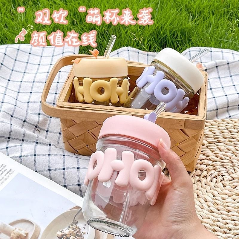 New ins style, high appearance level straw cup and glass cup, cute student super cute portable office double-drinking cup details Picture