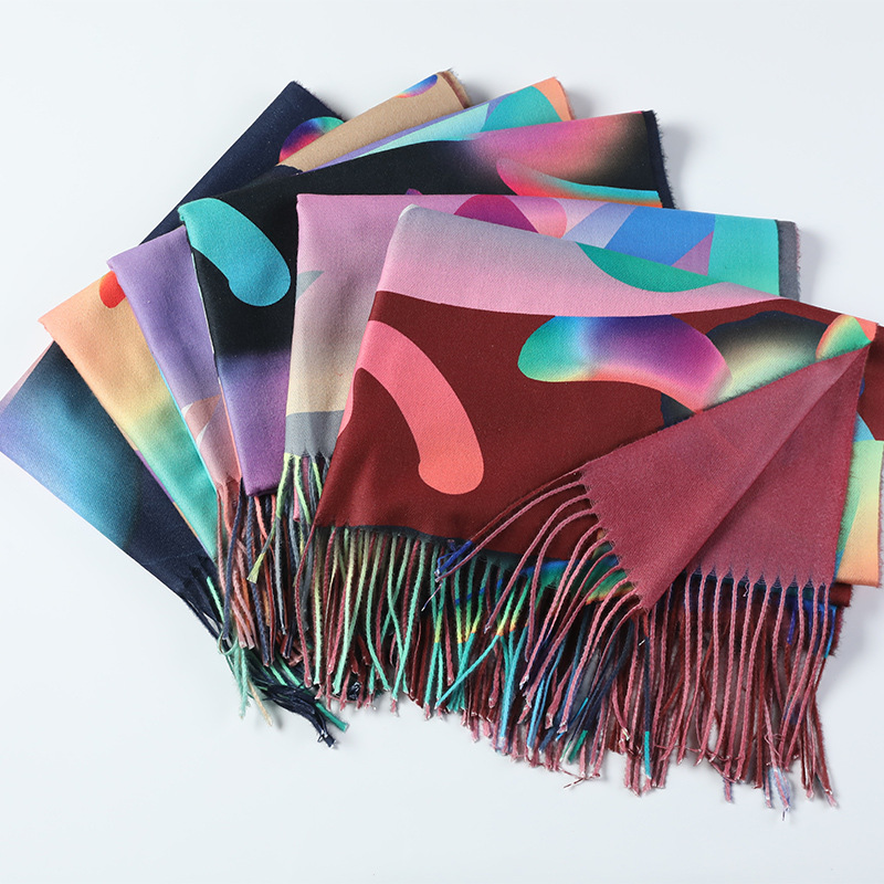 Digital printed scarves, double-sided faux cashmere scarves, custom oil painting floral style scarves, cross-border shawls wholesale Specification image