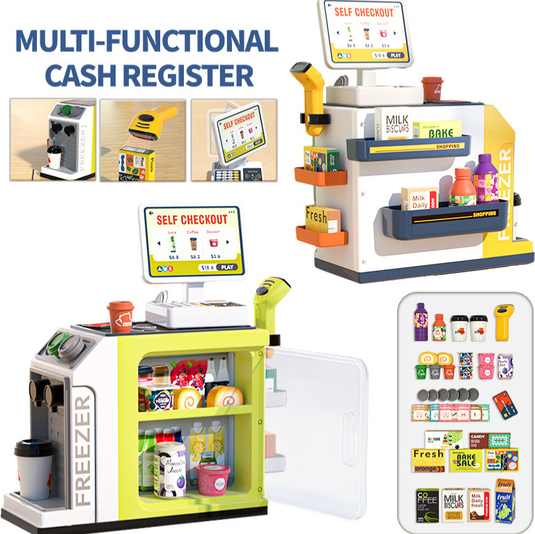 Cross-border simulated card swiping shopping, house playing, desserts, coffee, beverages, audio-visual simulation cash register, children's supermarket, toys details Picture