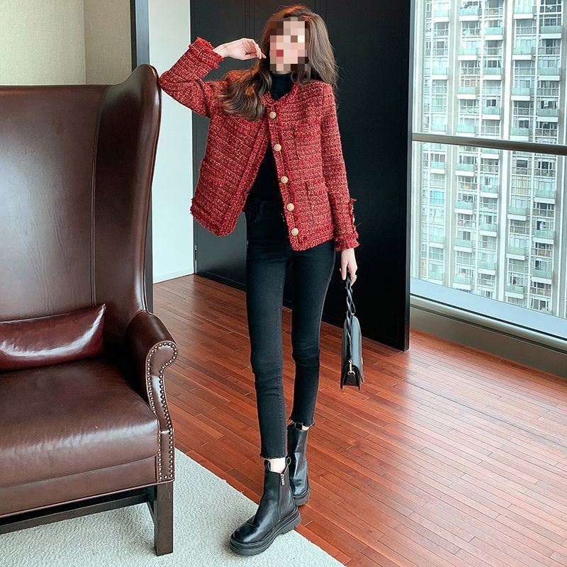 The 2022 autumn/winter new red chanel-style tweed short loose Korean-style French-style lady's coat is trendy for women Item Picture