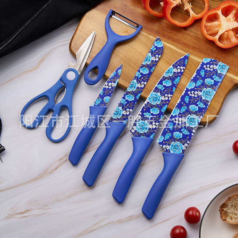 跨境外贸不锈钢刀具套装印花刀花纹刀厨房用品刀具水果刀全套套刀