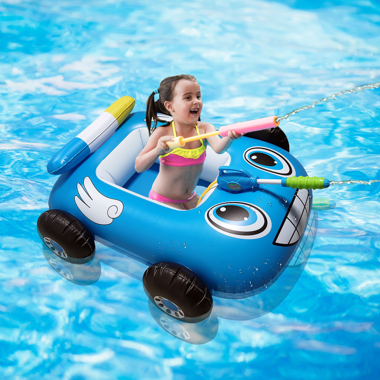 新款充气车子座圈儿童喷水游泳圈水池戏水枪玩具水上消防车碰碰车