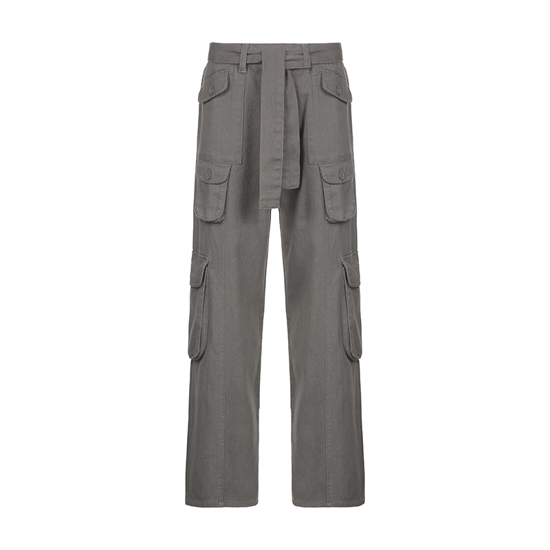 Grey multi-pocket work pants for women, 2022 new style of European and American style women's pants, hot girl low-waisted loose casual denim pants Item Picture