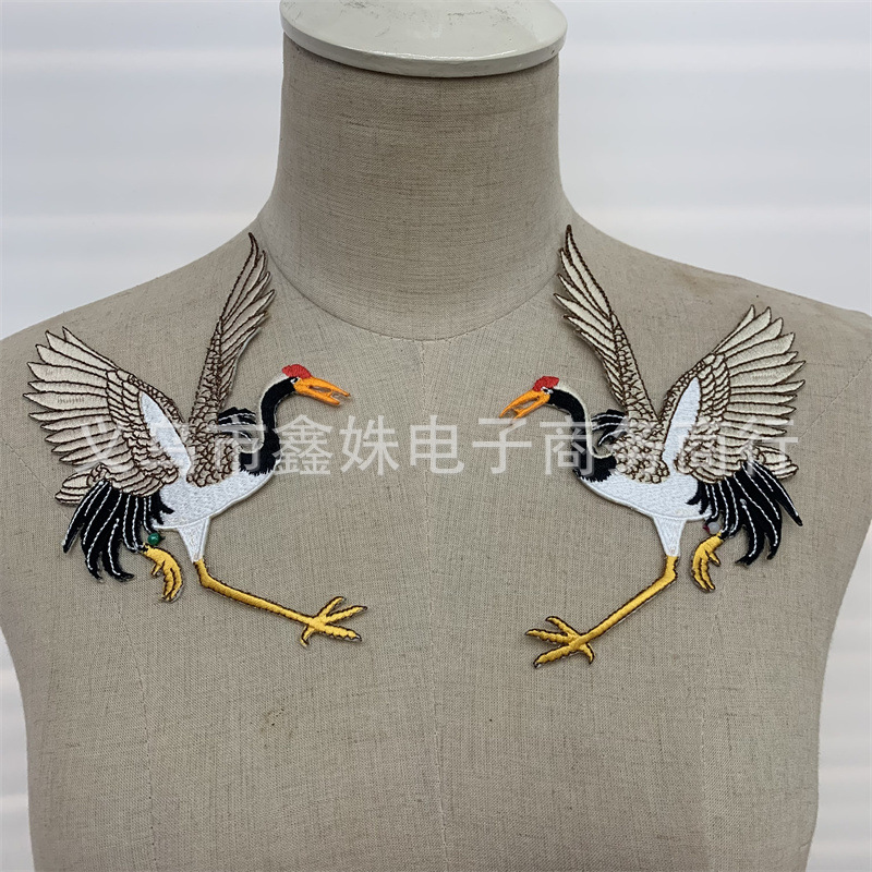 中国仙鹤刺绣布贴古装汉服辅料绣花布贴