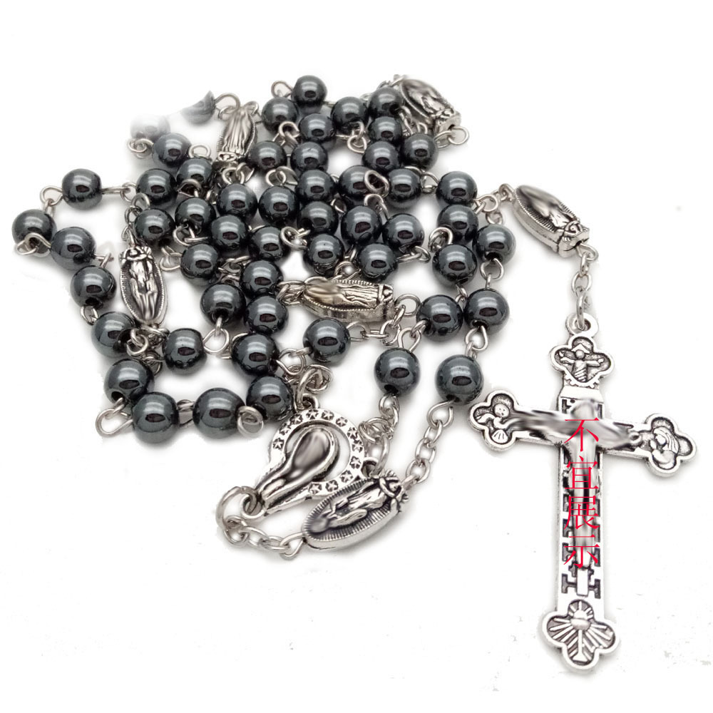 跨境厂家货源无磁性黑曜石念珠项链复古十字架批发Rosary beads详情图1
