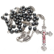 跨境厂家货源无磁性黑曜石念珠项链复古十字架批发Rosary beads