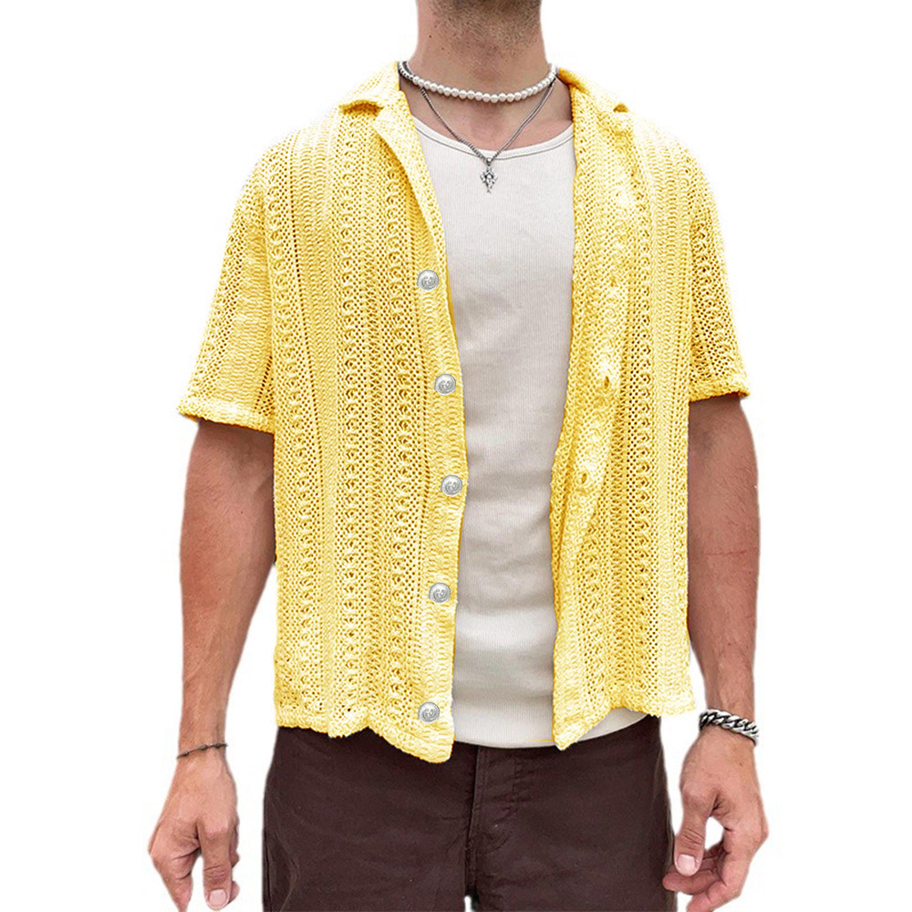 European and American fashion summer new men's casual knitted cardigan, white short-sleeved top, men's shirt, hollowed-out men's clothing details Picture