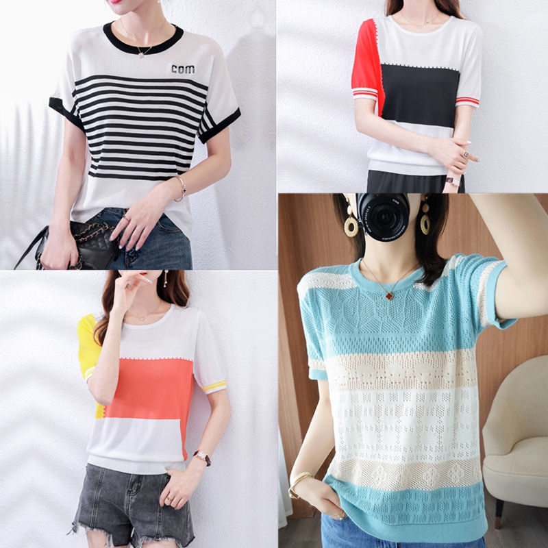 t恤高档夏季女装新款宽松韩版上衣女士针织衫短袖打底衫碎花条纹