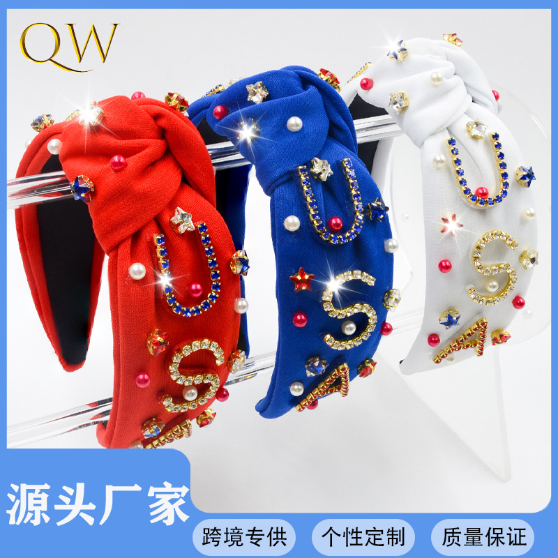 Qiwei Accessories' exclusive cross-border new Independence Day hair band fabric knot with pearl diamond USA letter accessories wide edge custom hair accessory