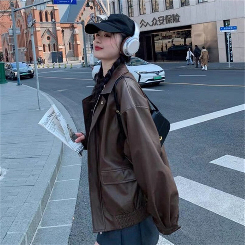 美拉德皮衣美式甜酷穿搭棕色皮衣外套防风宽松美式复古机车服夹克