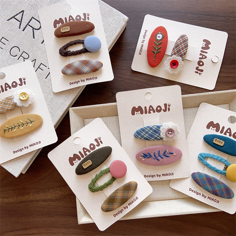 P08 Children's autumn and winter dark-colored fabric embroidered flower BB clip for girls, cute lace checkered side clip Specification image