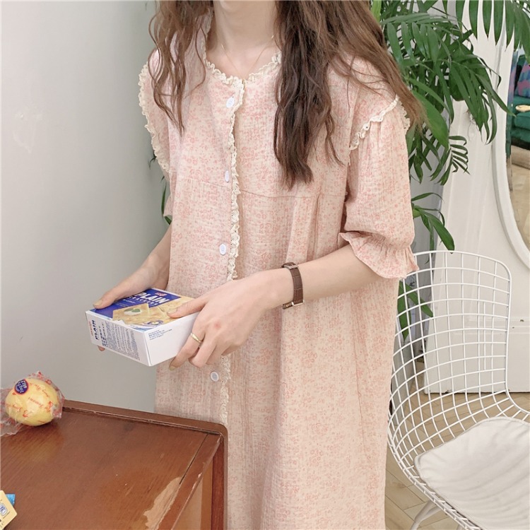 South Korea Ins Ladies Summer Korean Version Sweet Loose Comfortable Floral Nightdress Lace Pajamas Home Clothing Wholesale Woman details Picture