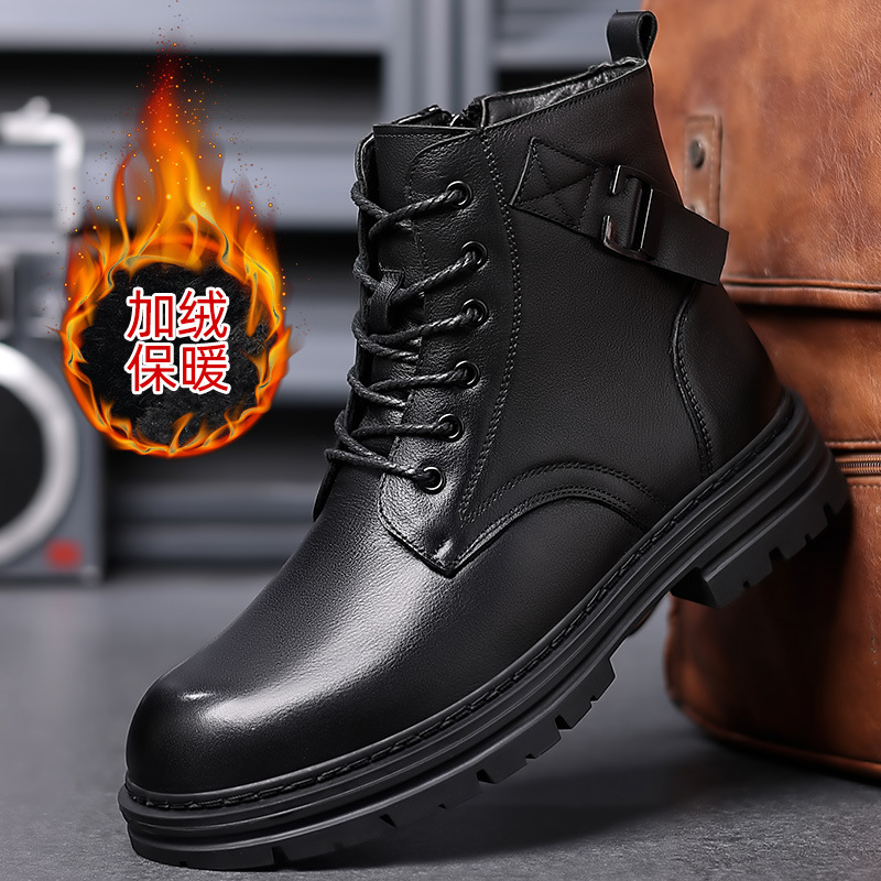 New autumn and winter genuine leather Martin boots for men, top layer cowhide British fleece warm side zipper high-top men's boots are available for delivery details Picture