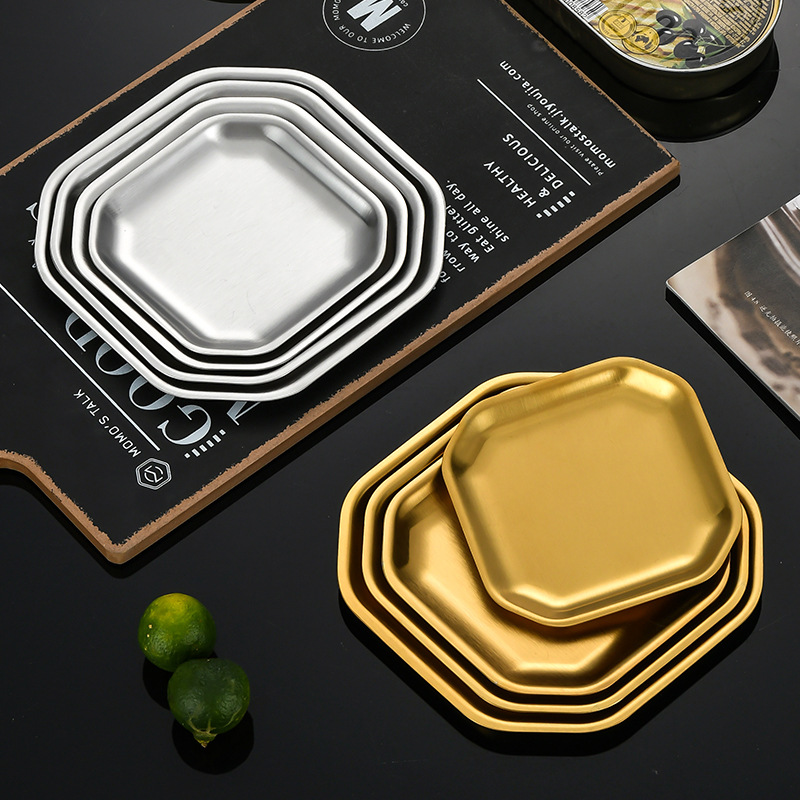 304 stainless steel plate, food-grade plate, golden Western cuisine pickles plate, commercial square tableware, ribs plate, thickened details Picture