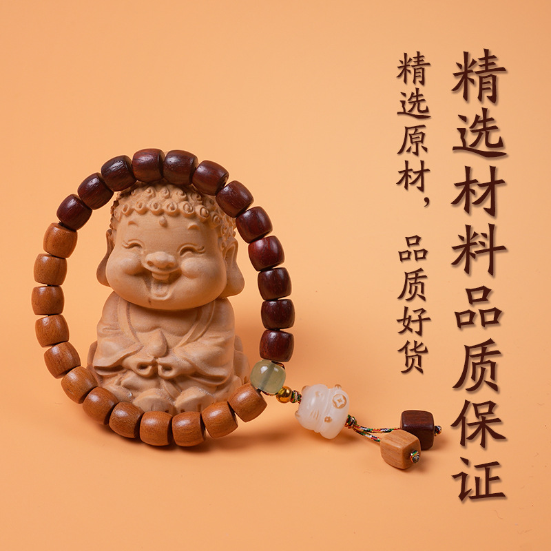 Retro blood sandalwood and sandalwood wood barrel bead single-loop bracelet, sandalwood mixed style couple bracelet, charcharcoal maneki Neki pendant, cultural and artistic bracelet, cultural and artistic Buddhist prayer beads details Picture