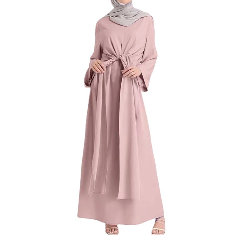 2023中东阿拉伯马来东南亚纯色长款系带束腰穆斯林女装长袍连衣裙详情图3