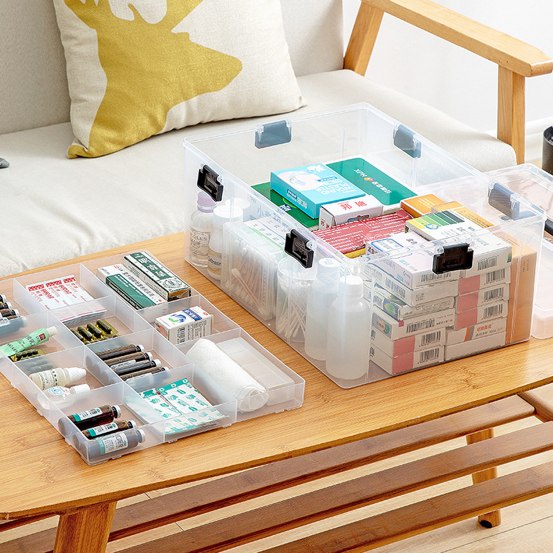 Caja de medicina transparente grande con hebilla visual caja de almacenamiento engrosada y ensanchada caja organizadora con asa a prueba de polvo Specification image