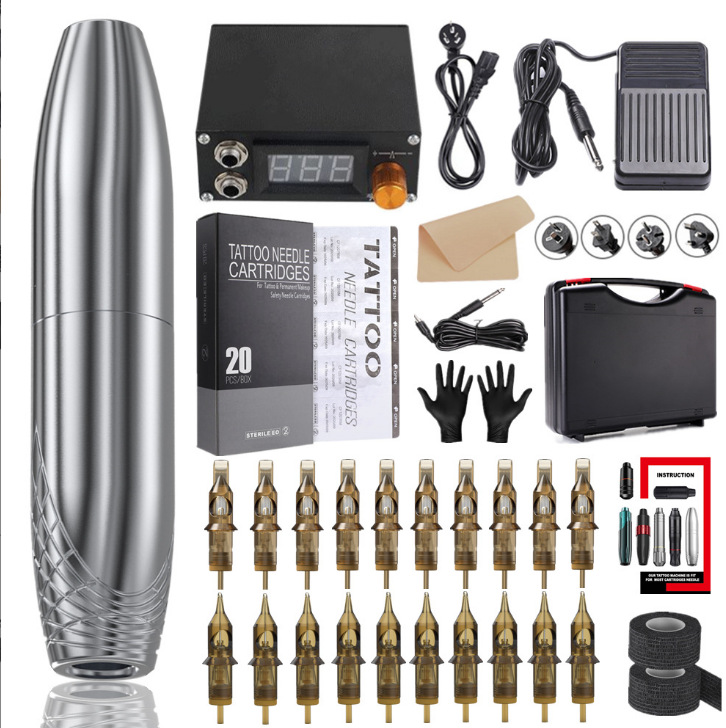 A complete set of motorized tattoo pen rotating tattoo machine