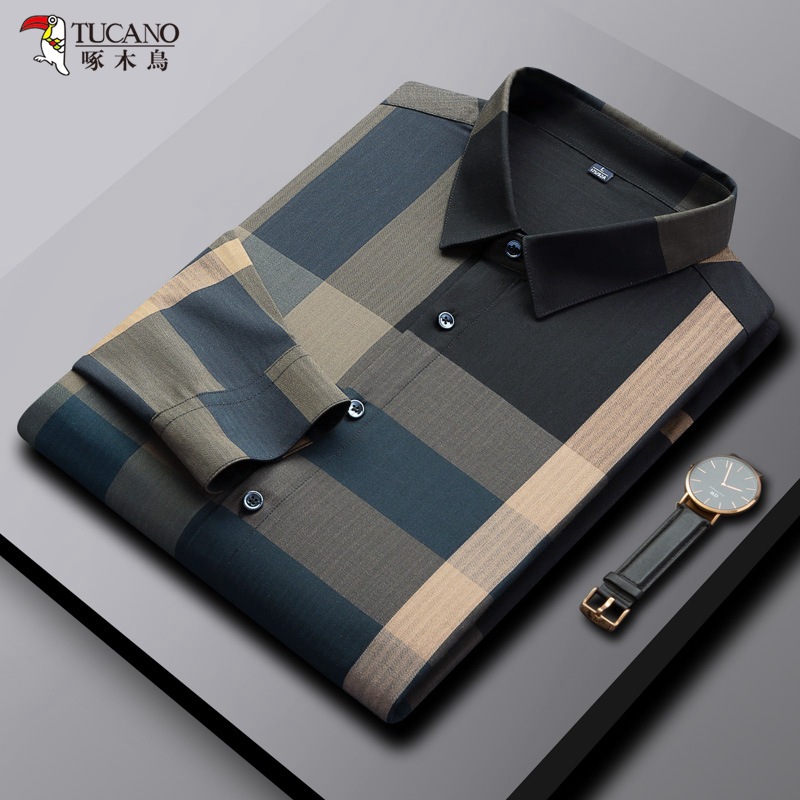 TUCANO/ Woodpecker checkered non-ironing treatment shirt for daily casual business men's long-sleeved checkered shirt