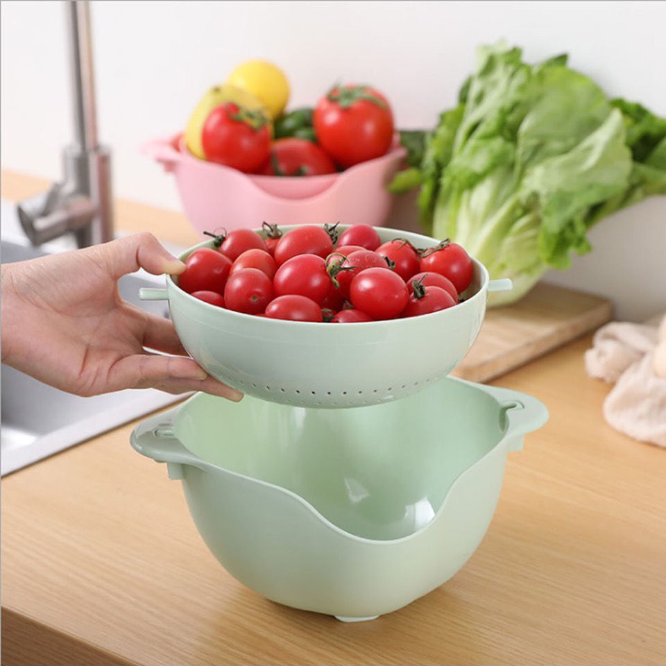 Wholesale of kitchen household double-layer rotatable draining baskets, fruit plates, creative plastic basins, and household vegetable and rice washing baskets