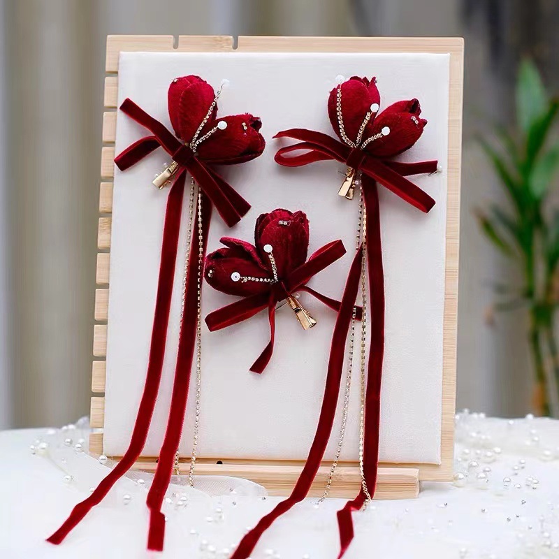 New Chinese Wedding Wedding Velvet Tulip Headwear Streamer Hairpin Ethnic Style Bride Toast Red Suit details Picture