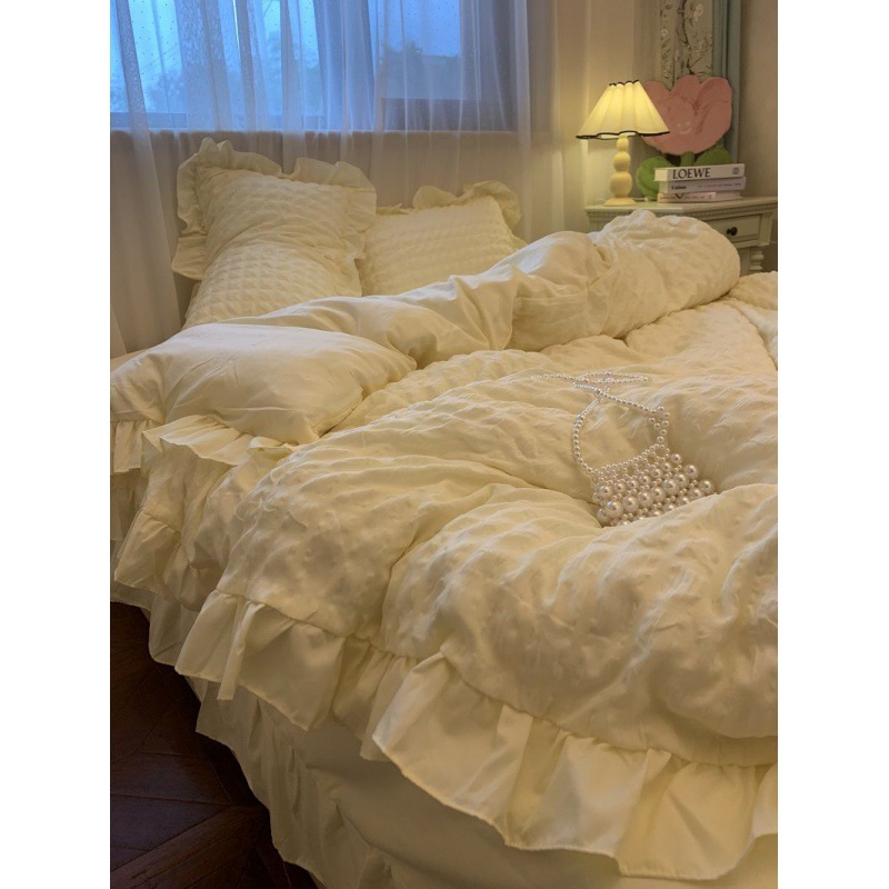 Ins-style light yellow washed cotton puffon quilt cover, four-piece bed set, plain bed sheet for sleeping naked, three-piece dormitory set details Picture